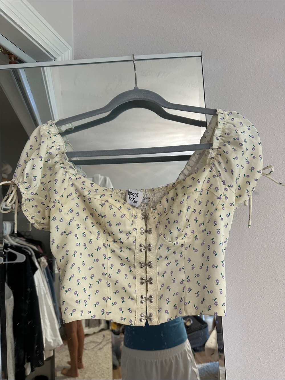 Princess Polly Cream Floral Corset Crop Top with Puff Sleeves
